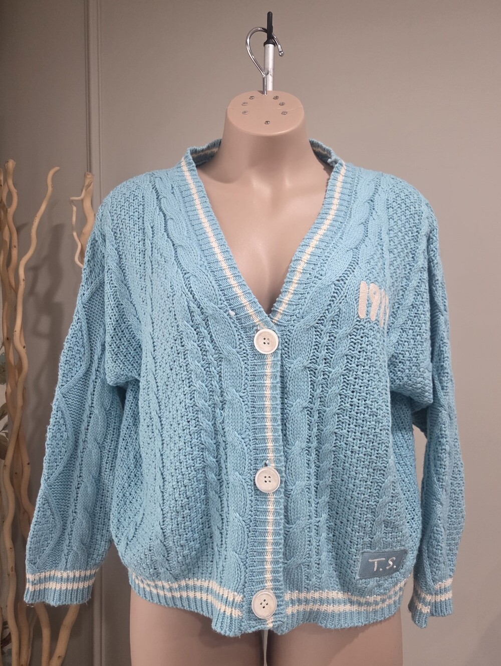 Taylor Swift Sky Blue Cable Knit Cardigan with White Trim Sz.M/L